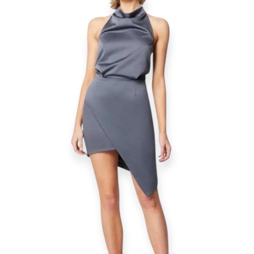 NWT Elliatt Camo Blouson Halter Dress Sz Large Charcoal Gray Asymmetrical Satin